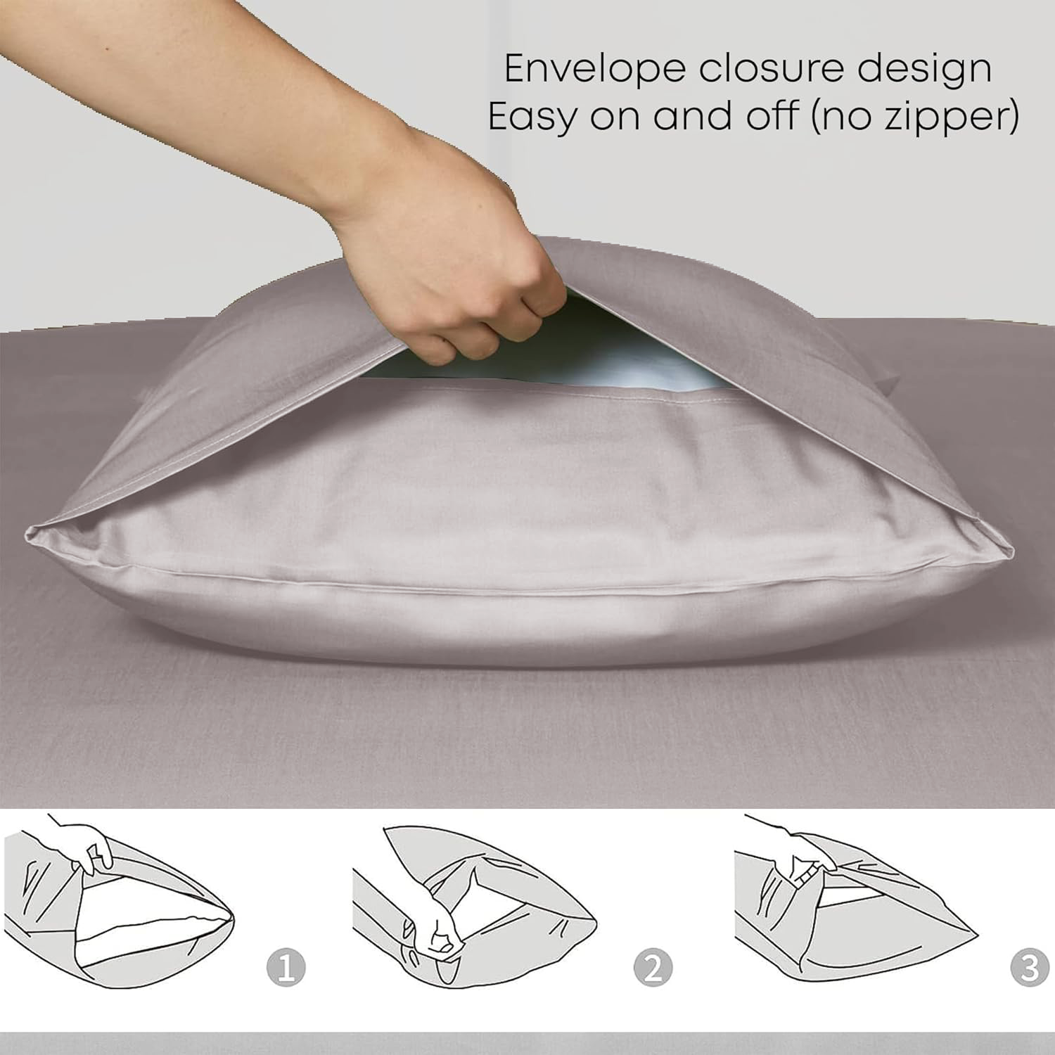 Gray satin pillowcase with envelope closure made from 100% organic bamboo silk in a 2 pack set