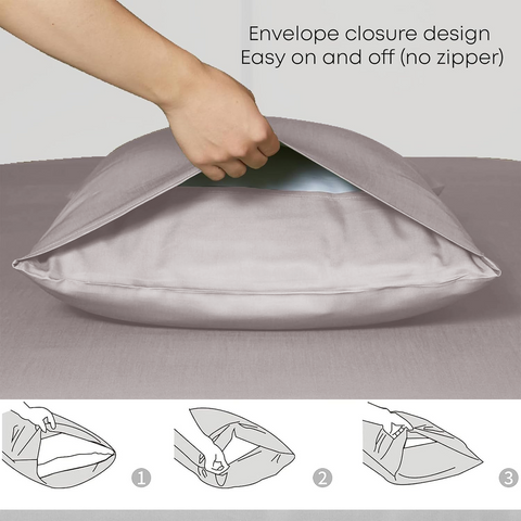 Gray satin pillowcase with envelope closure made from 100% organic bamboo silk in a 2 pack set