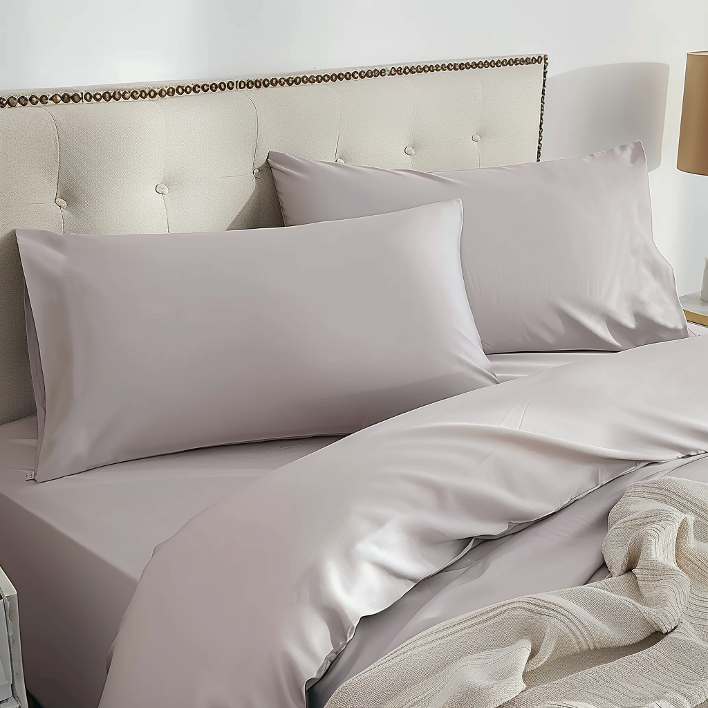 Set of elegant gray satin pillowcases with a smooth lustrous finish in 100% organic bamboo silk 2 pack