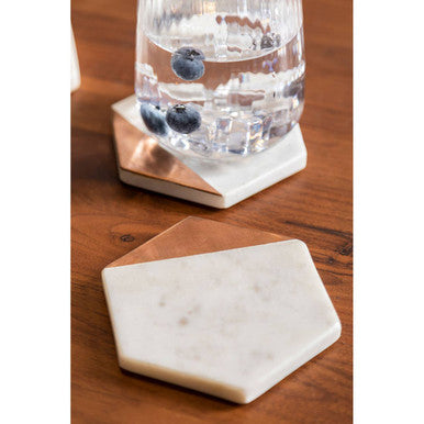 Monzaro Set Of 4 White Marble And Copper Inlay Coasters