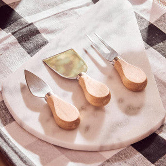 Kindia White Marble Triangular Cheese Board with 3 Knives