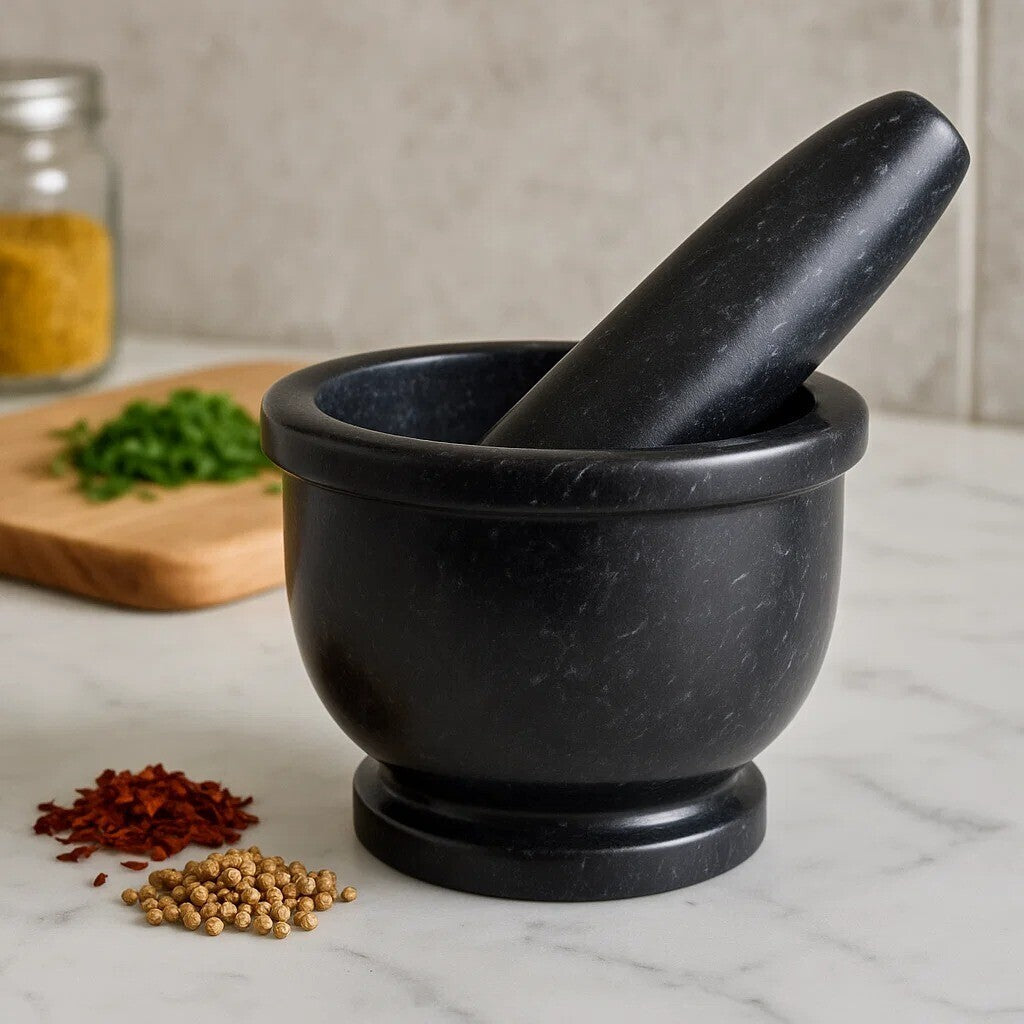 Marmore Black Marble Mortar And Pestle With Rim