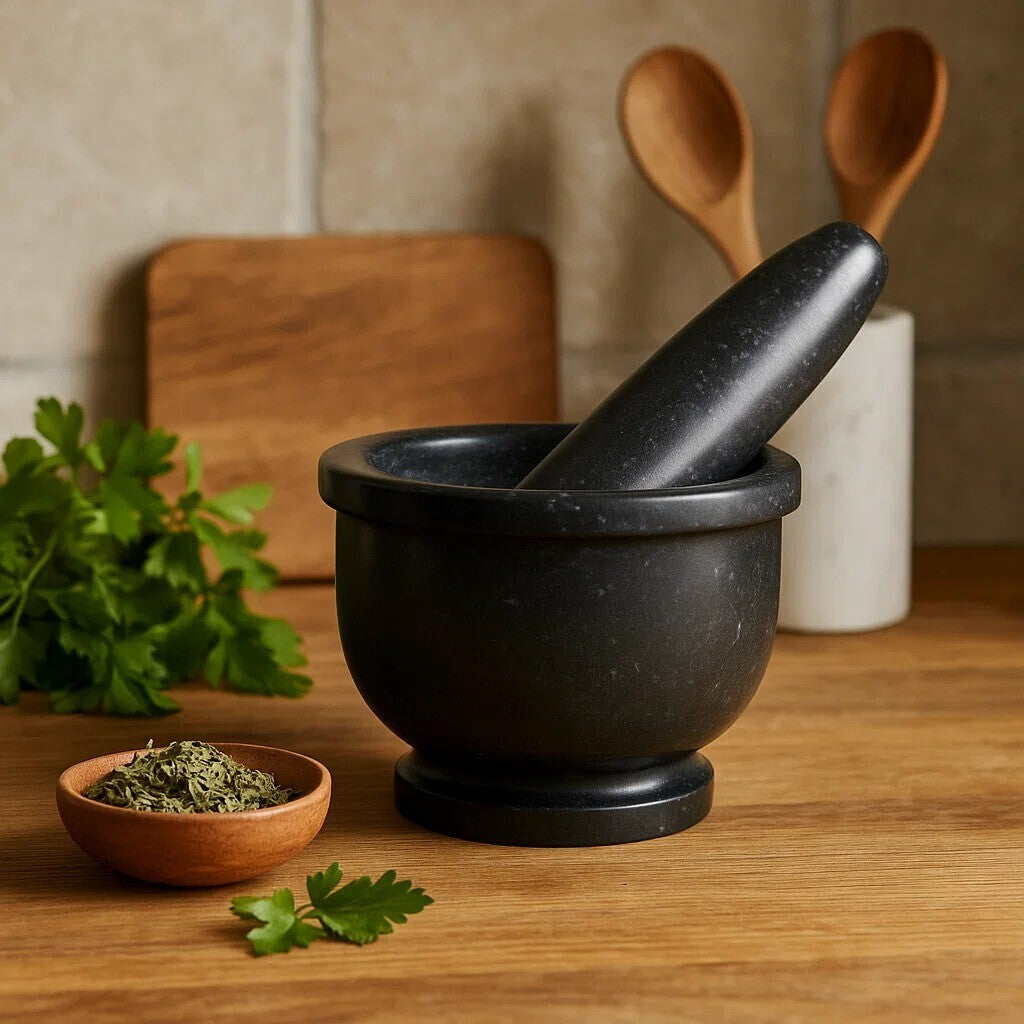 Marmore Black Marble Mortar And Pestle With Rim