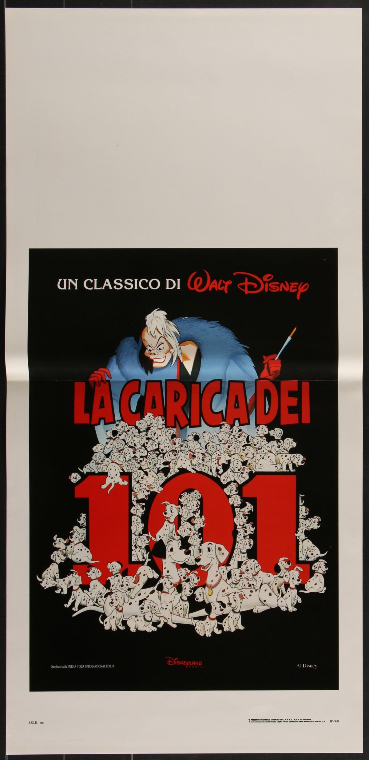 Vintage italian locandina movie poster for 101 dalmatians featuring cruella de vil in blue coat with bold red title