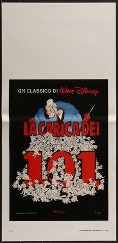 Vintage italian locandina movie poster for 101 dalmatians featuring cruella de vil in blue coat with bold red title