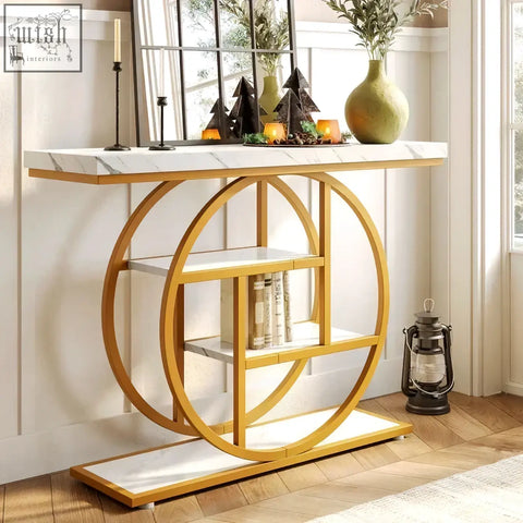 Gold-finished 105cm industrial 4-tier console table with white marble top and shelves for stylish storage