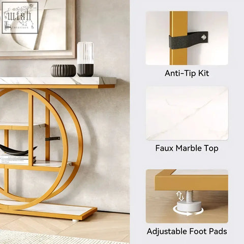 Gold-toned metal 105cm industrial 4-tier console table with faux marble top and circular shelf design