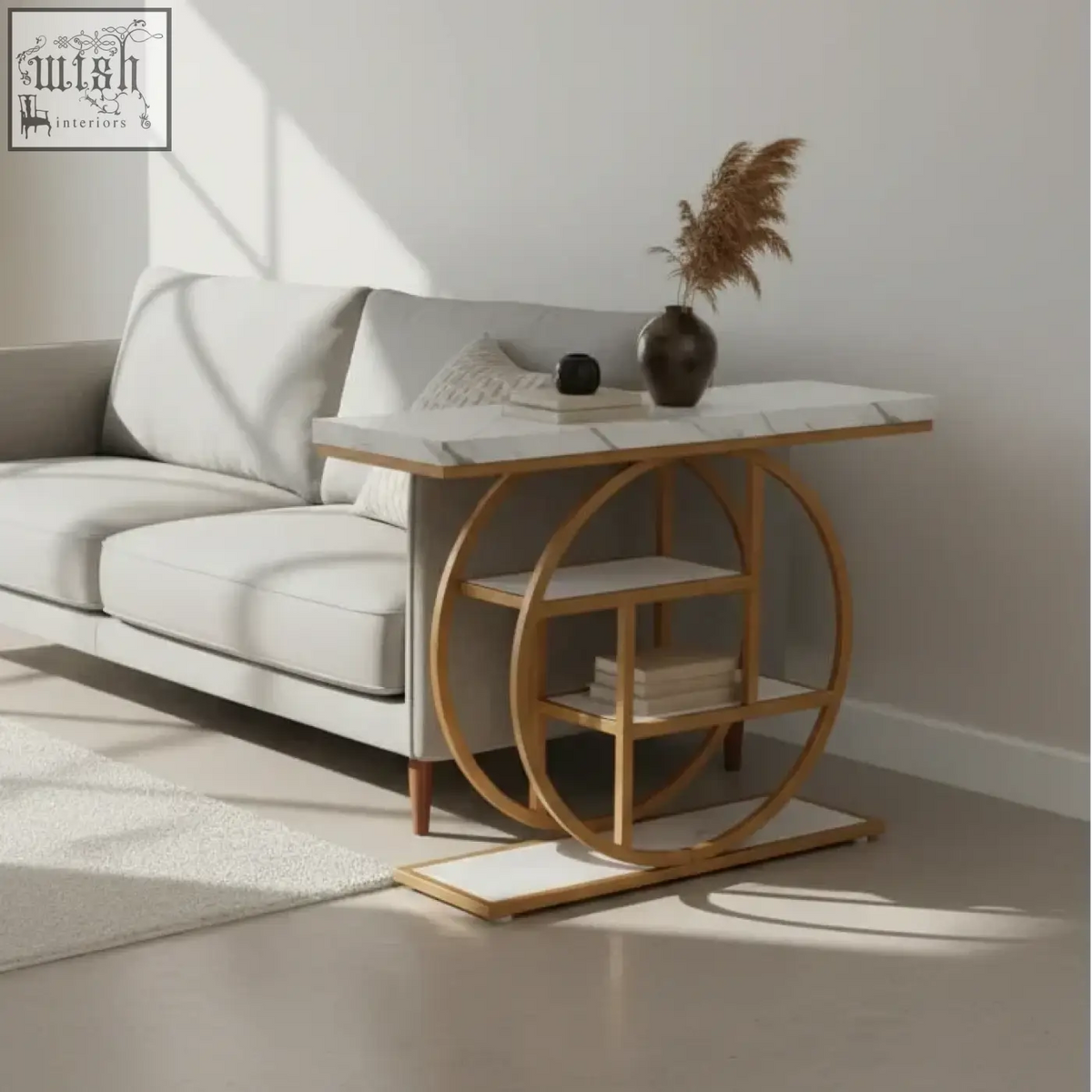 Modern 105cm industrial 4-tier console table with white marble top and gold-toned circular metal frame and two shelves