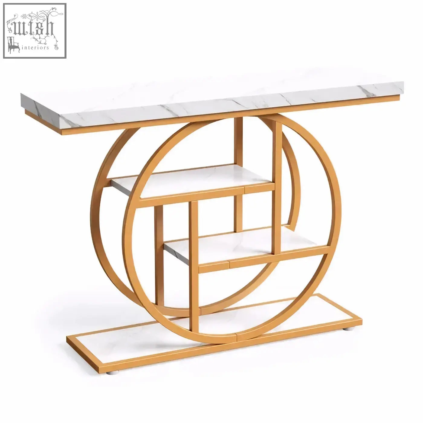 Modern 105cm industrial 4-tier console table with white marble top and gold circular metal frame design