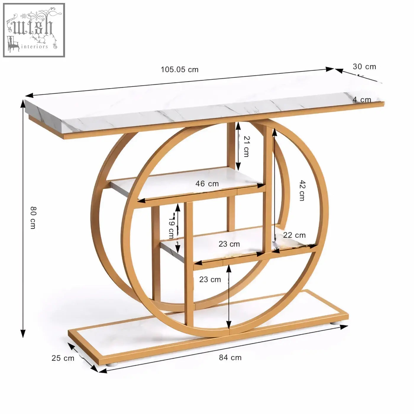 Modern 105cm industrial 4-tier console table with white marble top and gold circular metal frame shelves