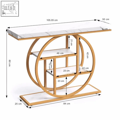 Modern 105cm industrial 4-tier console table with white marble top and gold circular metal frame shelves