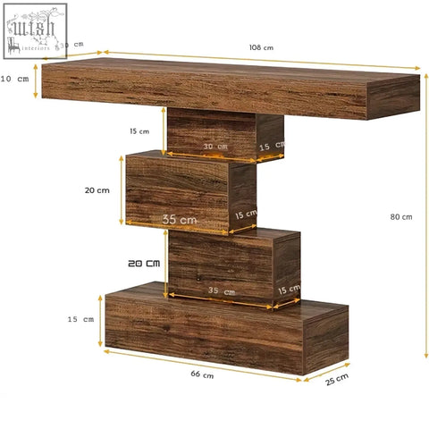 Dark brown wood grain console table with geometric base and stacked tiered design with precise dimensional markings
