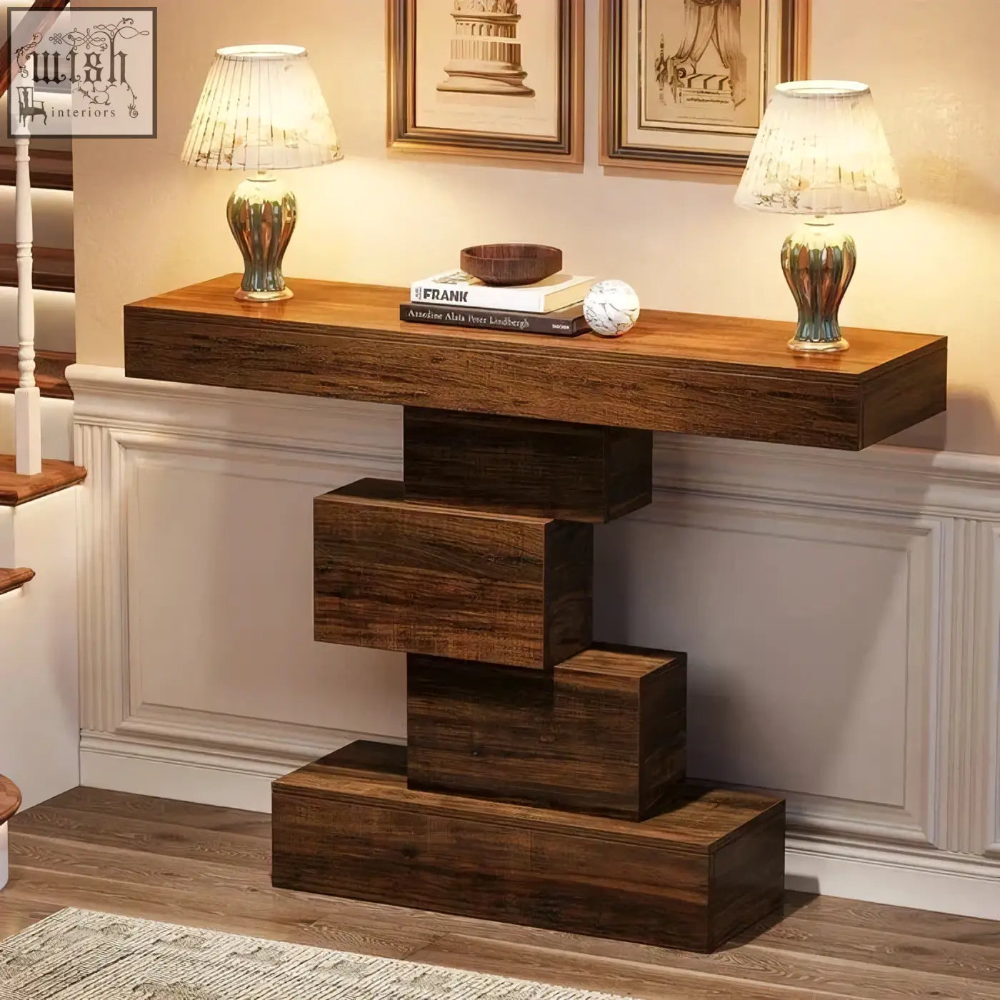 Dark wood console table with stepped geometric base and three stacked drawers in brown wood grain finish