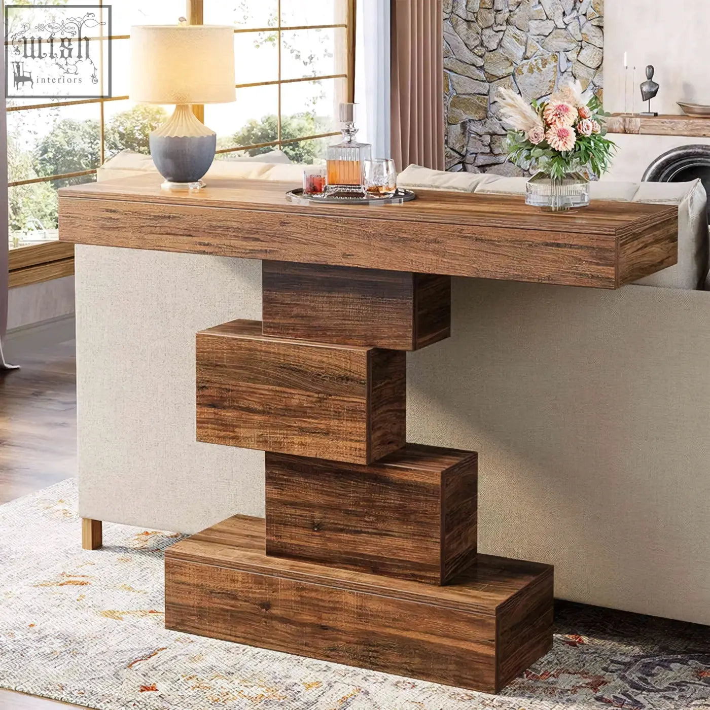 Modern 107cm console table with stepped geometric base and rich brown wood grain for sofa or accent use