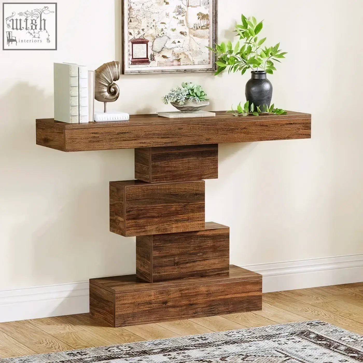 Modern brown wood grain console table with stacked geometric base perfect as a sofa or accent table
