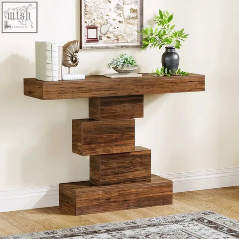Modern brown wood grain console table with stacked geometric base perfect as a sofa or accent table