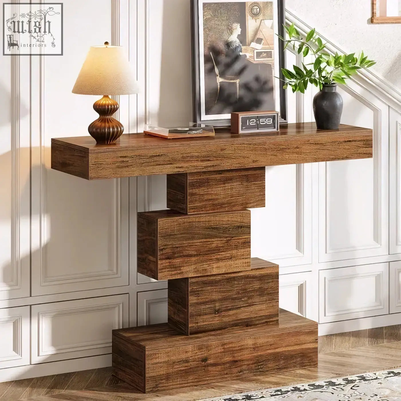 Modern 107cm wooden console table with a warm brown wood grain finish and stacked geometric base for sofa or accent use