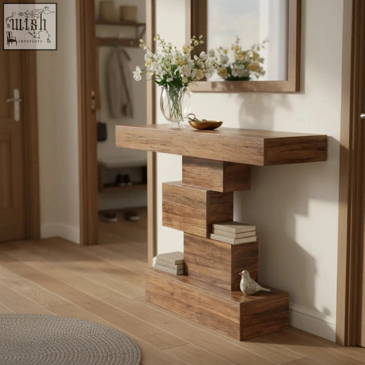 Modern 107cm console table with warm brown wood grain and eye-catching geometric base for sofa or accent use