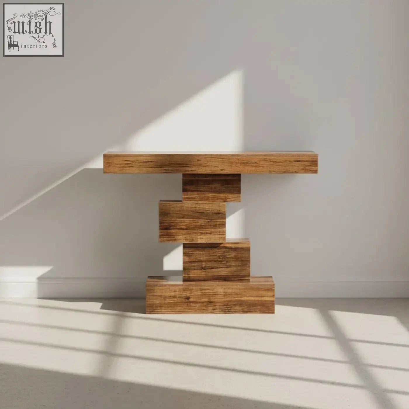 Modern 107cm console table with geometric base and brown wood grain natural finish perfect as a wood sofa accent table