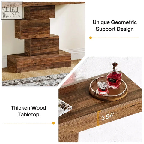 Rustic brown wood grain console table with thick tabletop and unique geometric base perfect as a sofa or accent table