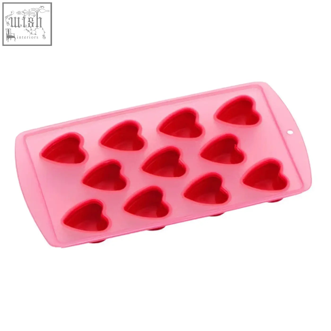 Pink silicone heart shapes ice cube tray with 11 heart shapes molds in a red tray for fun ice cubes