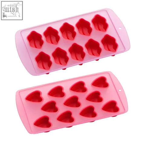 Pink silicone red tray with 11 heart shapes ice cube molds including heart and leaf designs for fun cooling