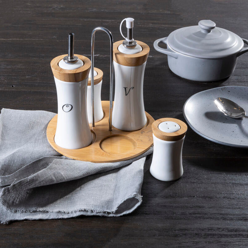 Dela 4pc Bamboo And Ceramic Condiment Set