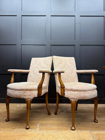 Pair Antique Pink Upholstered Bedroom Armchairs Chairs Mahogany Salon Seats