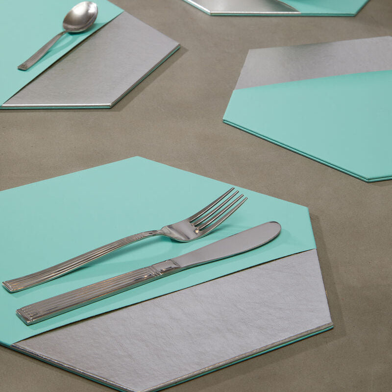 Geome Set of 4 Leather Effect Dipped Jade And Silver Hexagon Placements