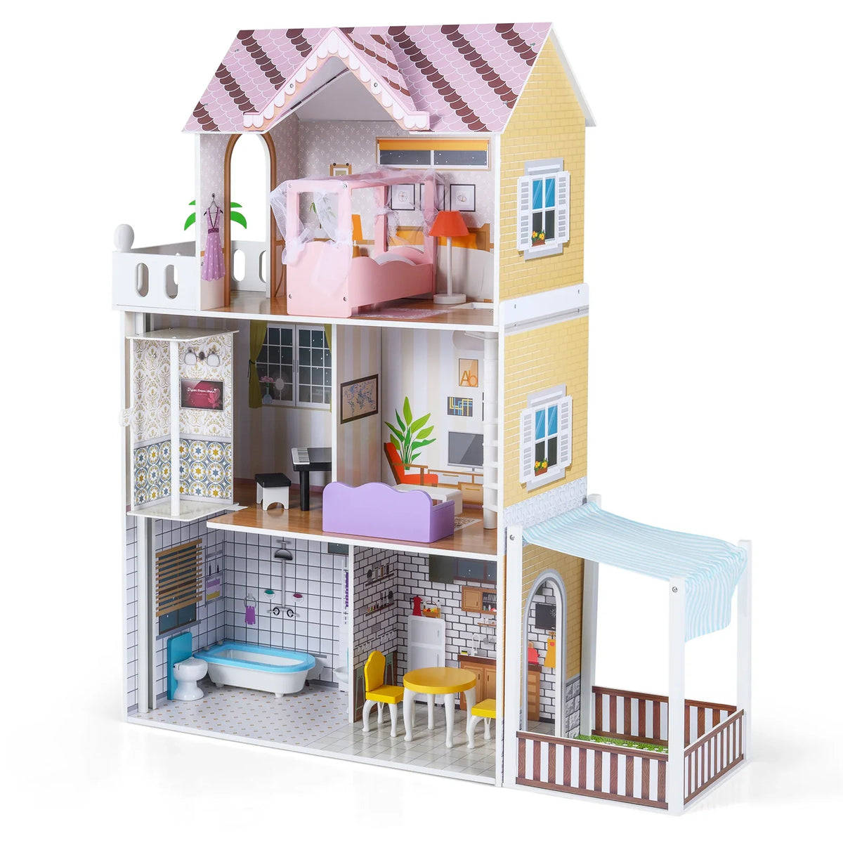 120CM Wooden Dollhouse with 16 Furniture Accessories for Kids Ages 3+-Pink
