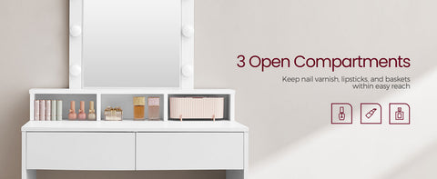 VASAGLE Dressing Table, LED Lights with Adjustable Brightness, Vanity Table with Mirror, 2 Drawers and 3 Compartments