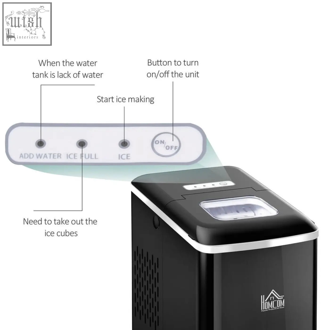 Black and silver 12kg 24h ice maker with illuminated control panel and scoop basket perfect for home office use