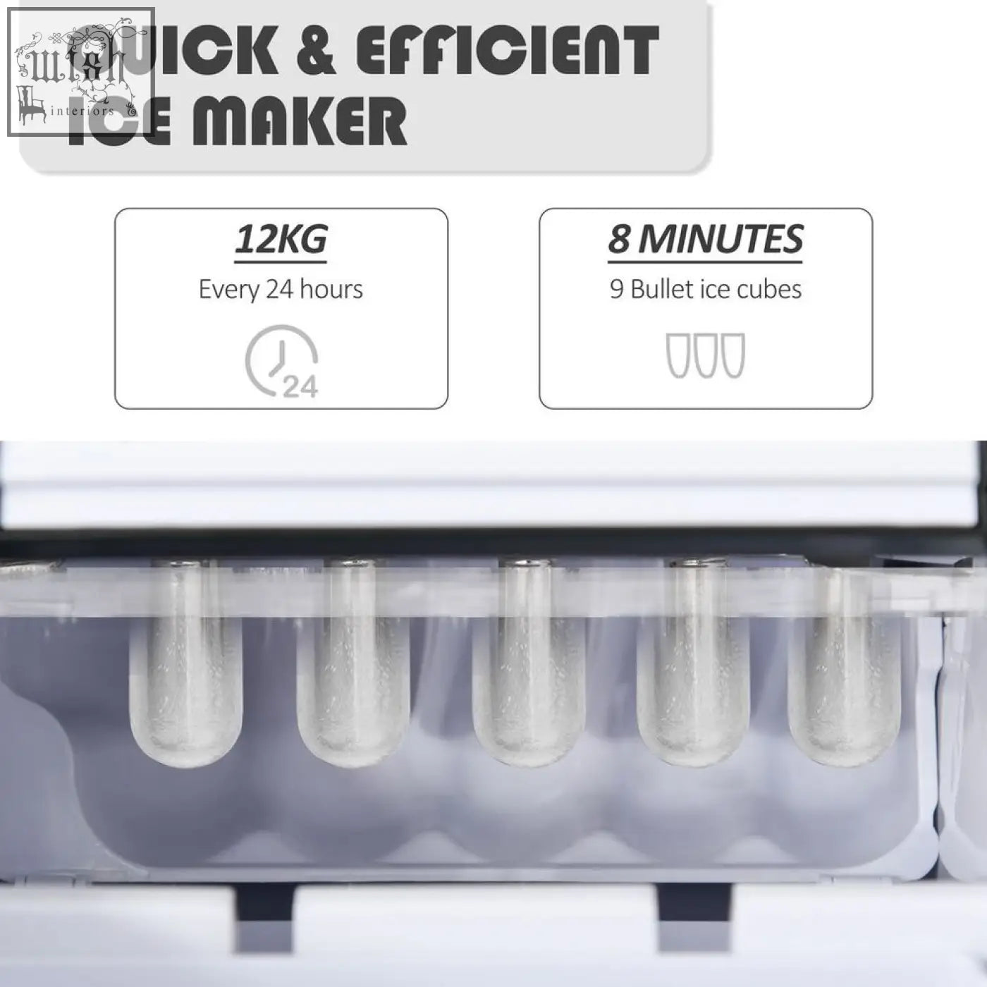White countertop ice maker 12kg 24h with scoop basket makes 9 bullet ice cubes in 8 minutes perfect for home office