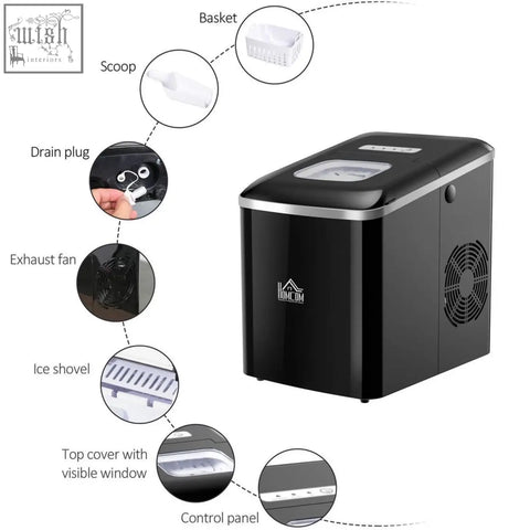 Black and silver 12kg 24h ice maker with scoop basket and transparent window perfect for home office use