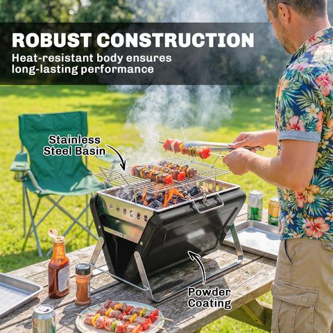 Outsunny Charcoal BBQ Grill Portable Stainless Steel Barbecue with Tilting Grate for Camping Picnic Garden Black