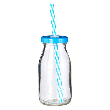Dayla Set of 4 Milk Bottles with Blue Straws and Lids