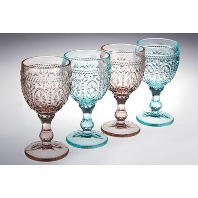 Fleur Set of 4  Pink And Blue Wine Glasses