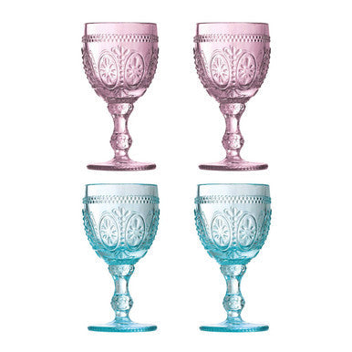 Fleur Set of 4  Pink And Blue Wine Glasses