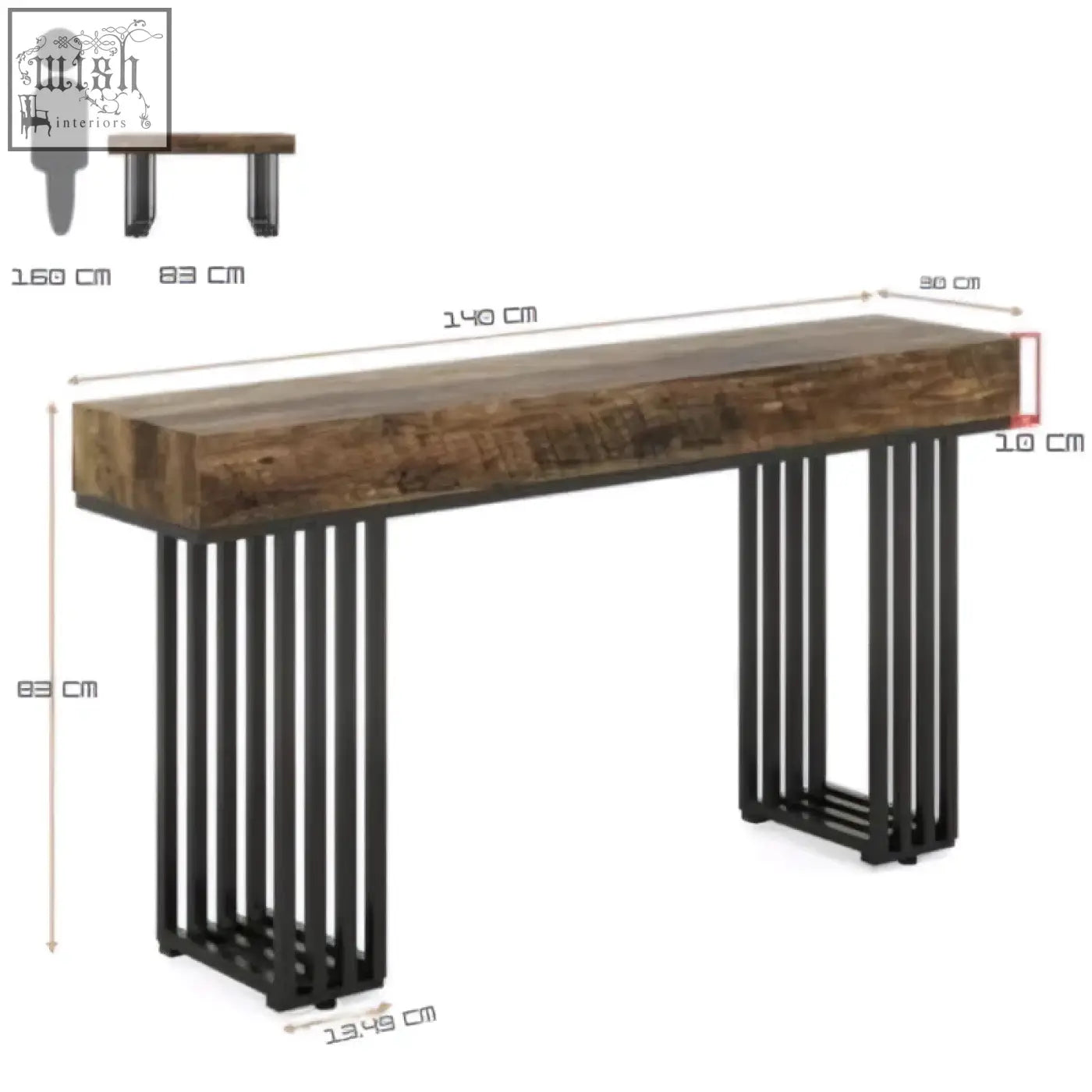 Industrial-style 140cm console table with rustic wood top and sleek black metal legs perfect entryway table