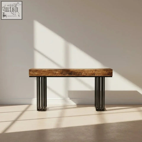 Rustic wooden console table with dark metal legs perfect as a modern 140cm entryway table with metal legs