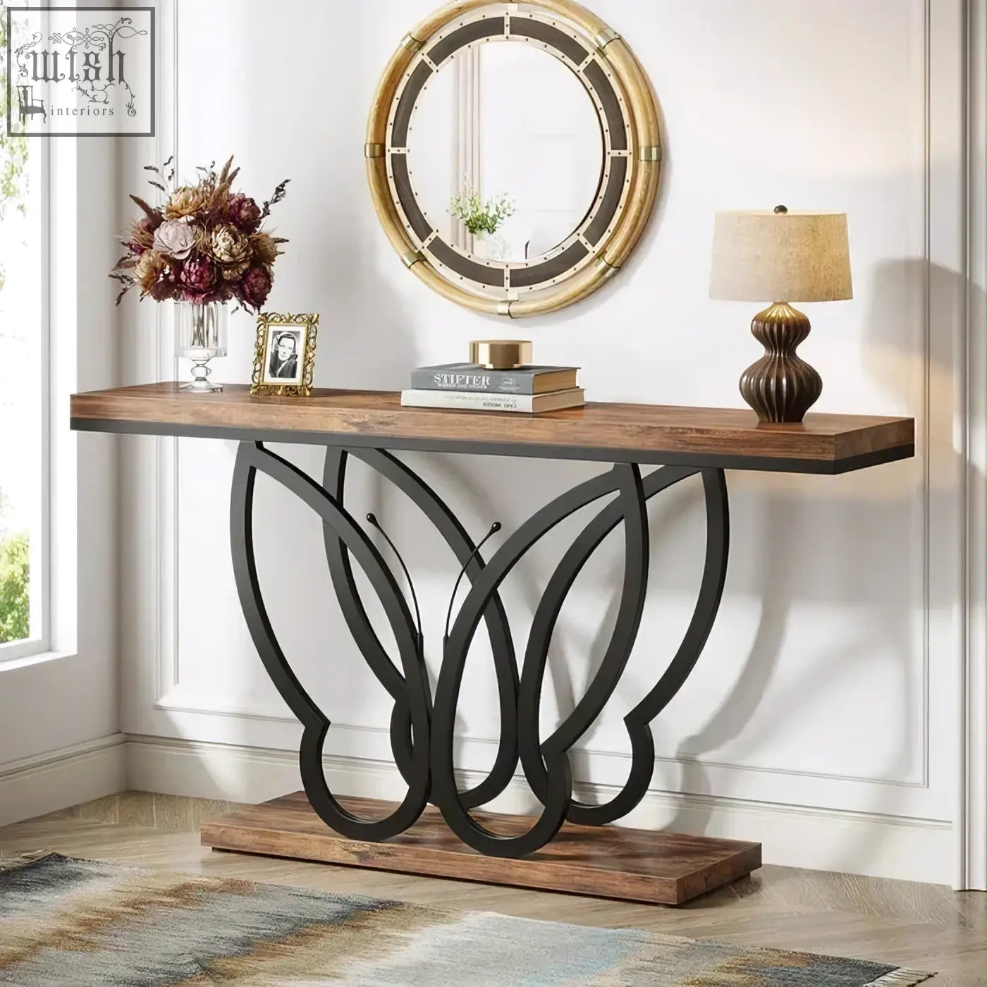 Modern 140cm console table with rustic wood top and black butterfly metal frame featuring elegant curves