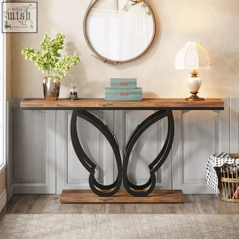 Rustic wooden console table with black butterfly metal frame legs perfect as a 140cm sofa table with metal frame