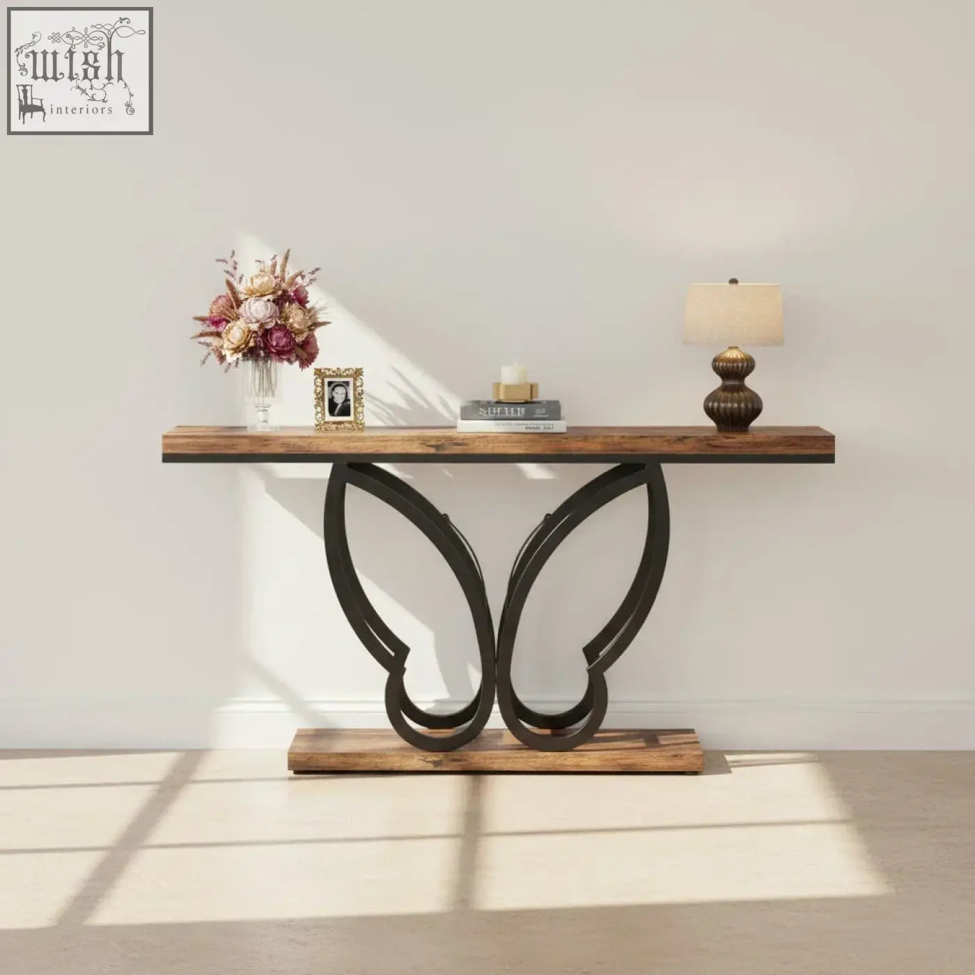140cm console table with butterfly metal frame featuring a rustic wood top and dark metal legs for sofa use