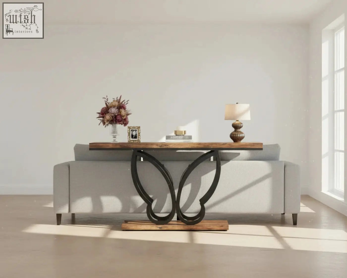 Sleek 140cm console table with dark butterfly metal frame and rustic wooden top perfect for sofa area
