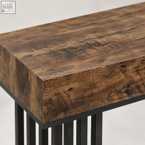 Dark brown rustic wood effect console table with black metal legs perfect for industrial style decor