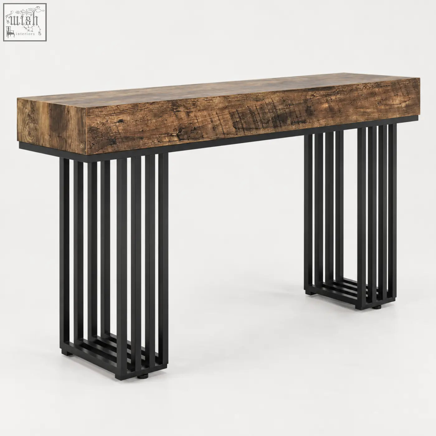 Rustic 140cm wood effect console table with wooden top and black metal legs perfect for industrial decor