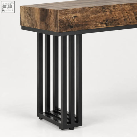 Rustic 140cm industrial wood effect console table with black metal legs and wood effect top surface