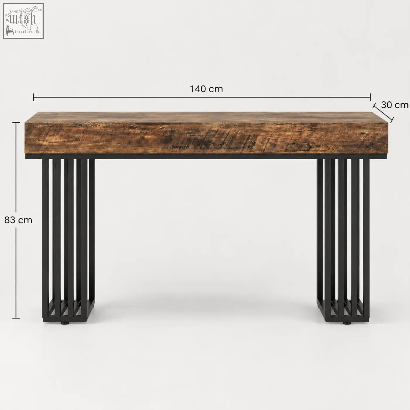 Rustic 140cm industrial wood effect console table with wooden top and black metal legs wood effect console design