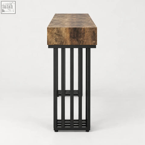 Rustic wood effect console table with black metal legs and slatted base perfect for industrial style spaces