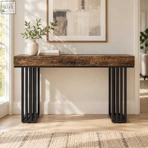 Rustic 140cm industrial wood effect console table with black metal legs and wood effect finish
